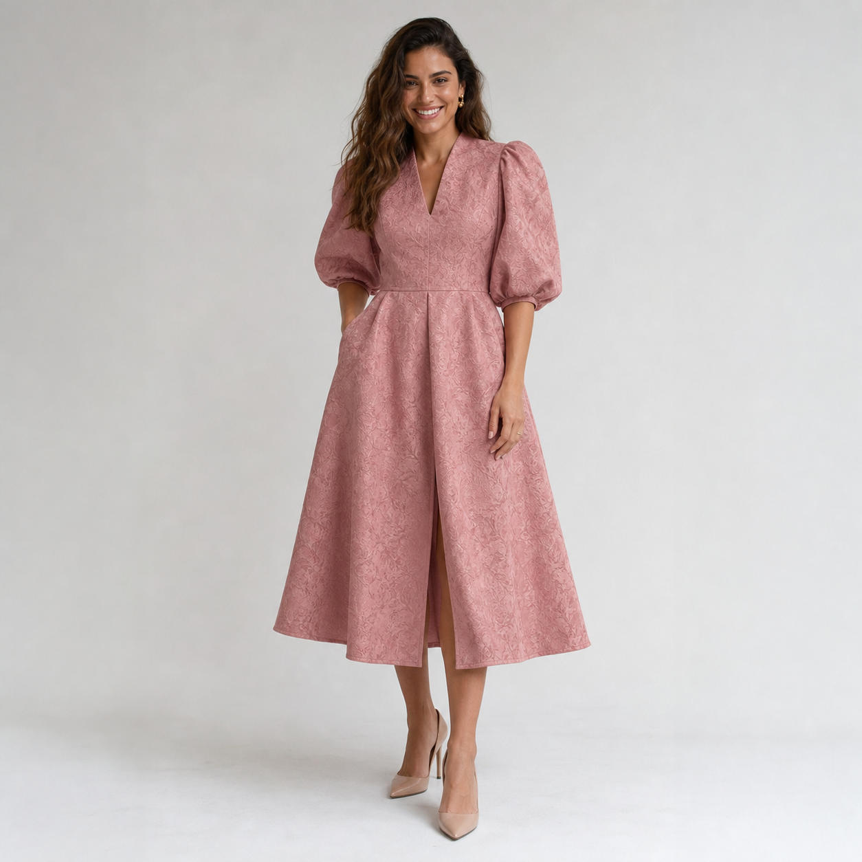 White V-Neck A-Line Dress with Bishop Sleeves and Side Slit
