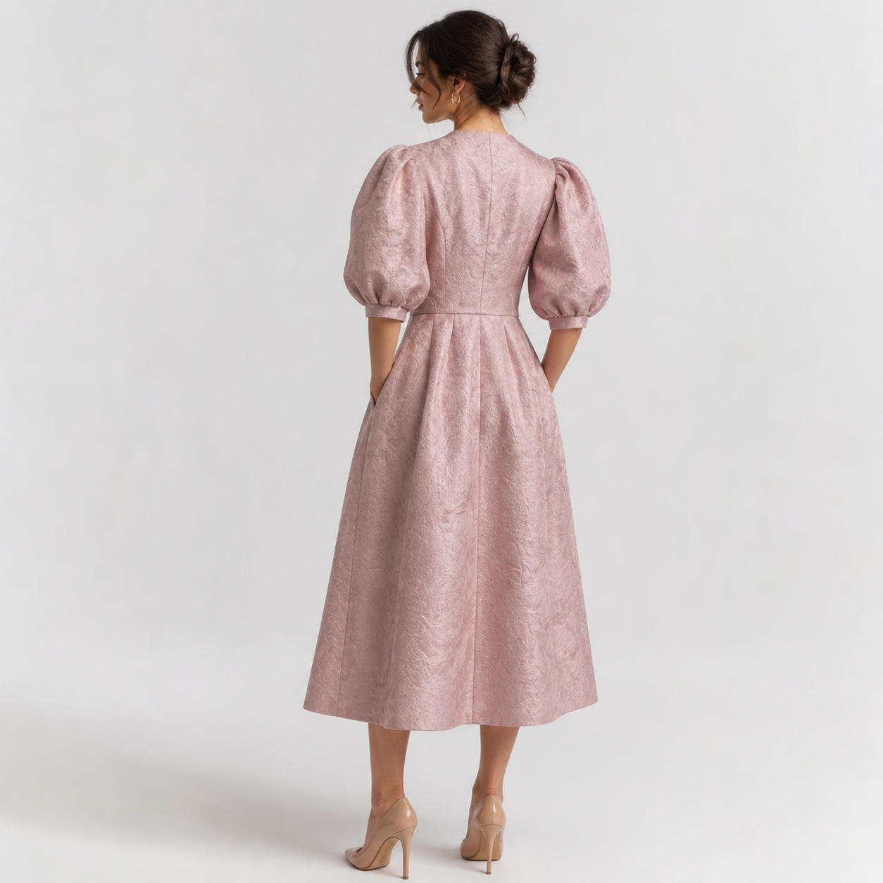 White V-Neck A-Line Dress with Bishop Sleeves and Side Slit – view 2