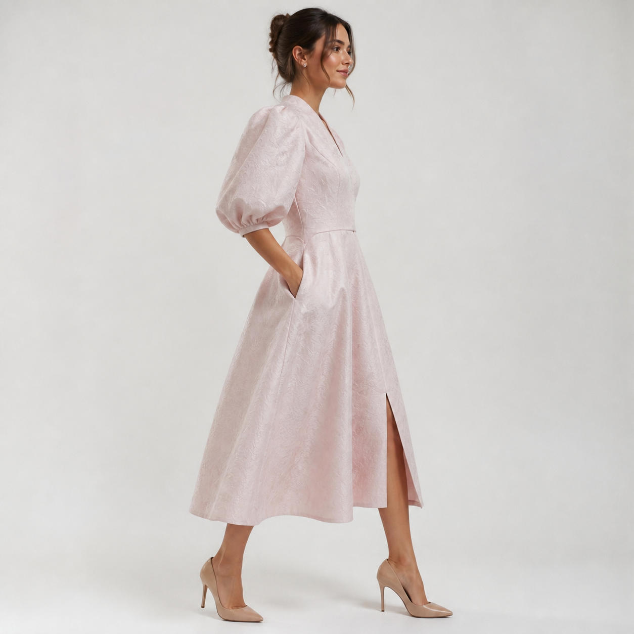 White V-Neck A-Line Dress with Bishop Sleeves and Side Slit – view 3