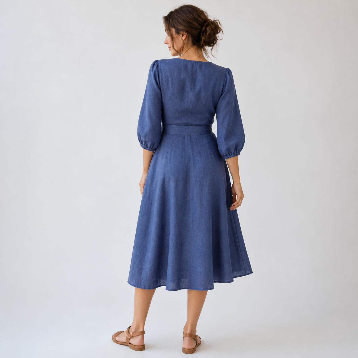 Linen Wrap Midi Dress with Bishop Puff Sleeves and Slit – view 2