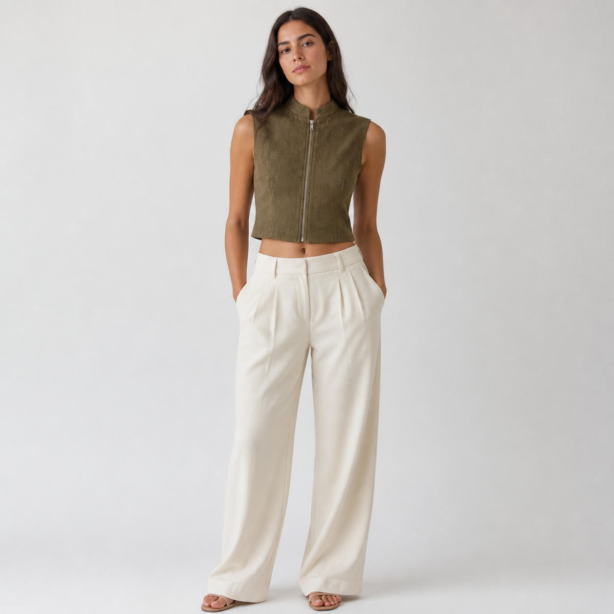 Minimalist High-Neck Zip-Front Sleeveless Crop Top Vest