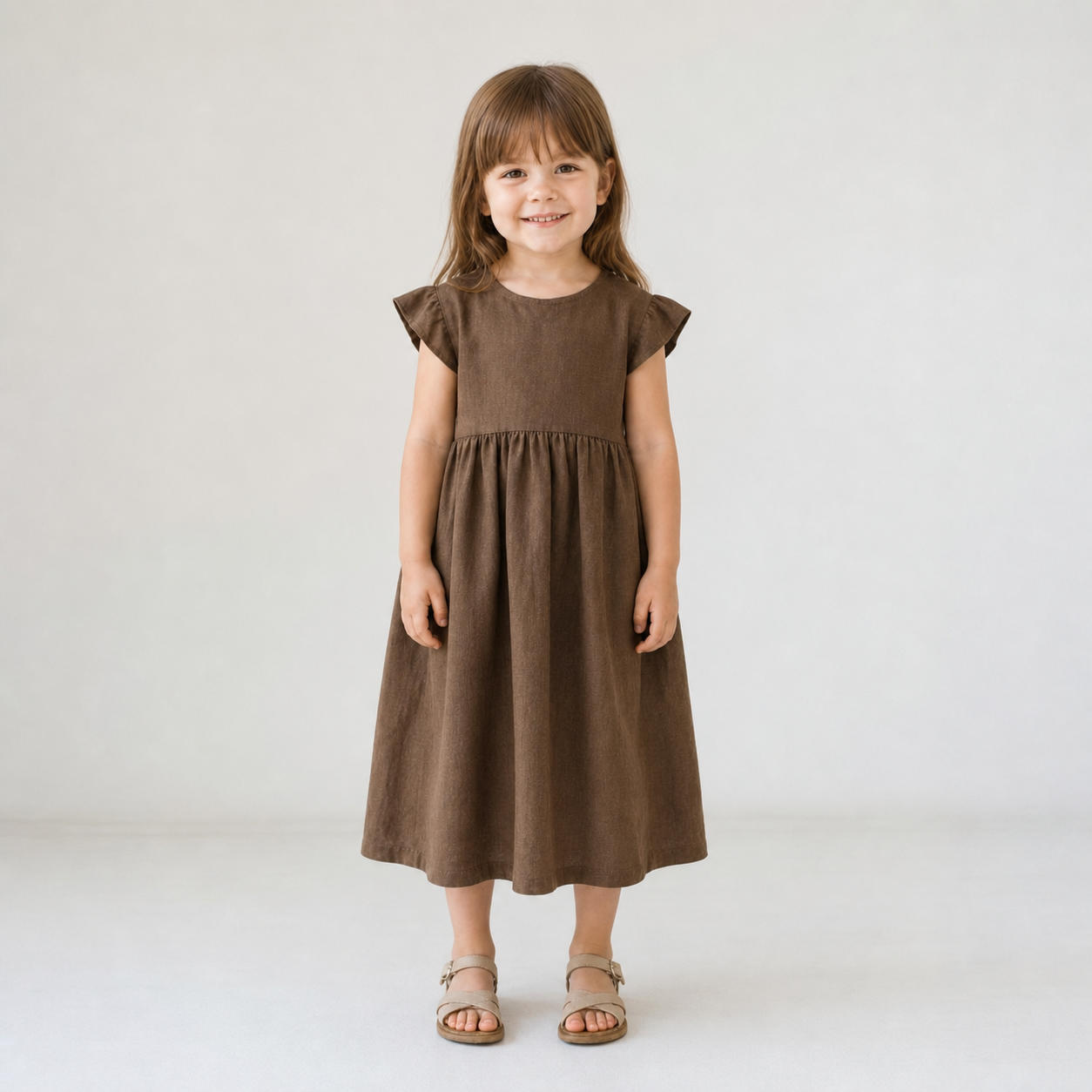Girls Linen Summer Dress with Flared Cap Sleeves