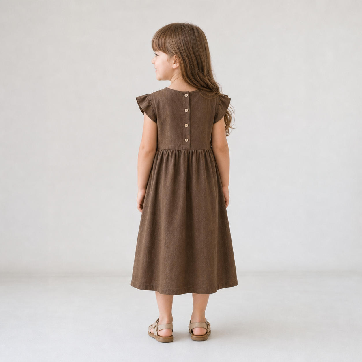 Girls Linen Summer Dress with Flared Cap Sleeves – view 2
