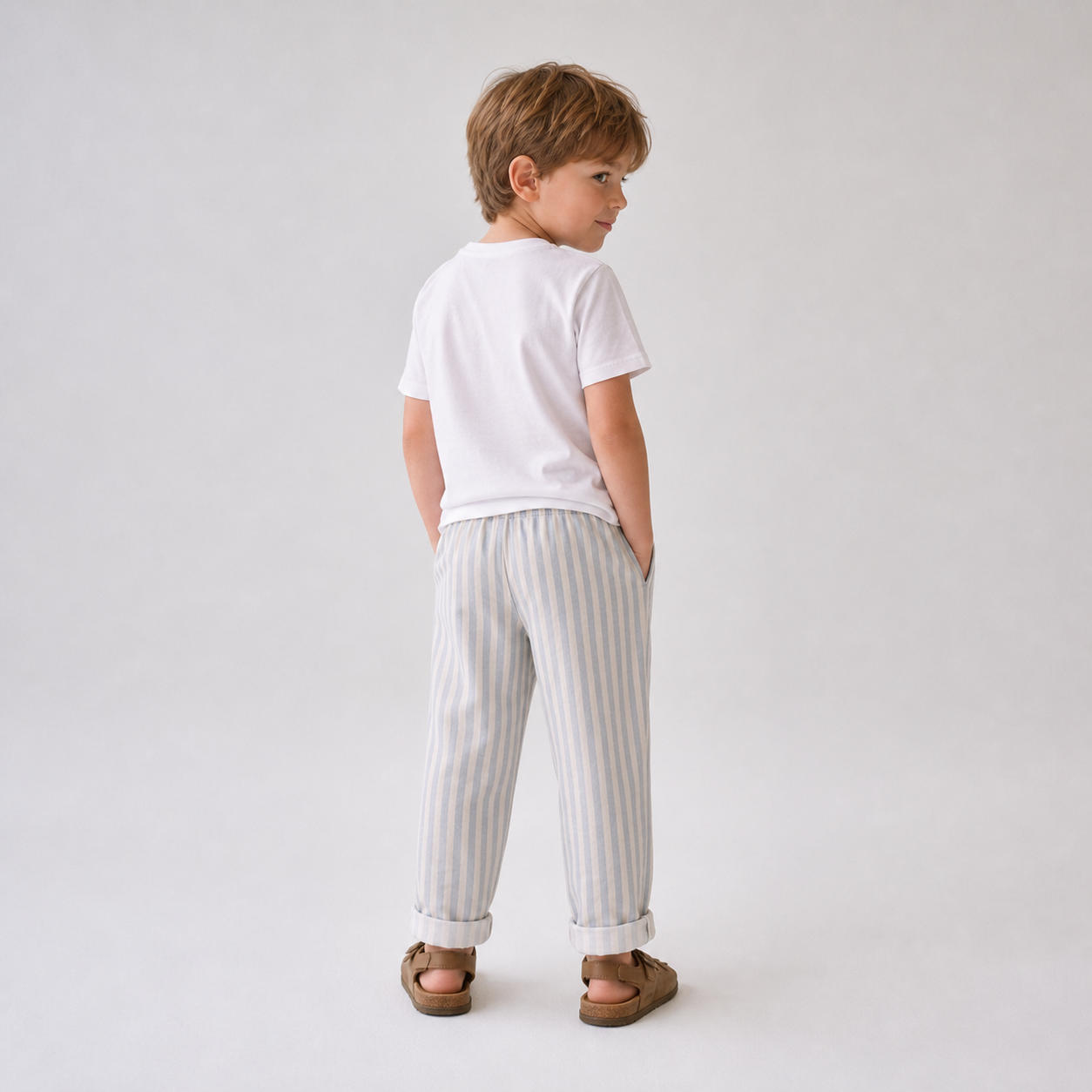 Boys Linen Stripe Pants with Elastic Waist – view 2
