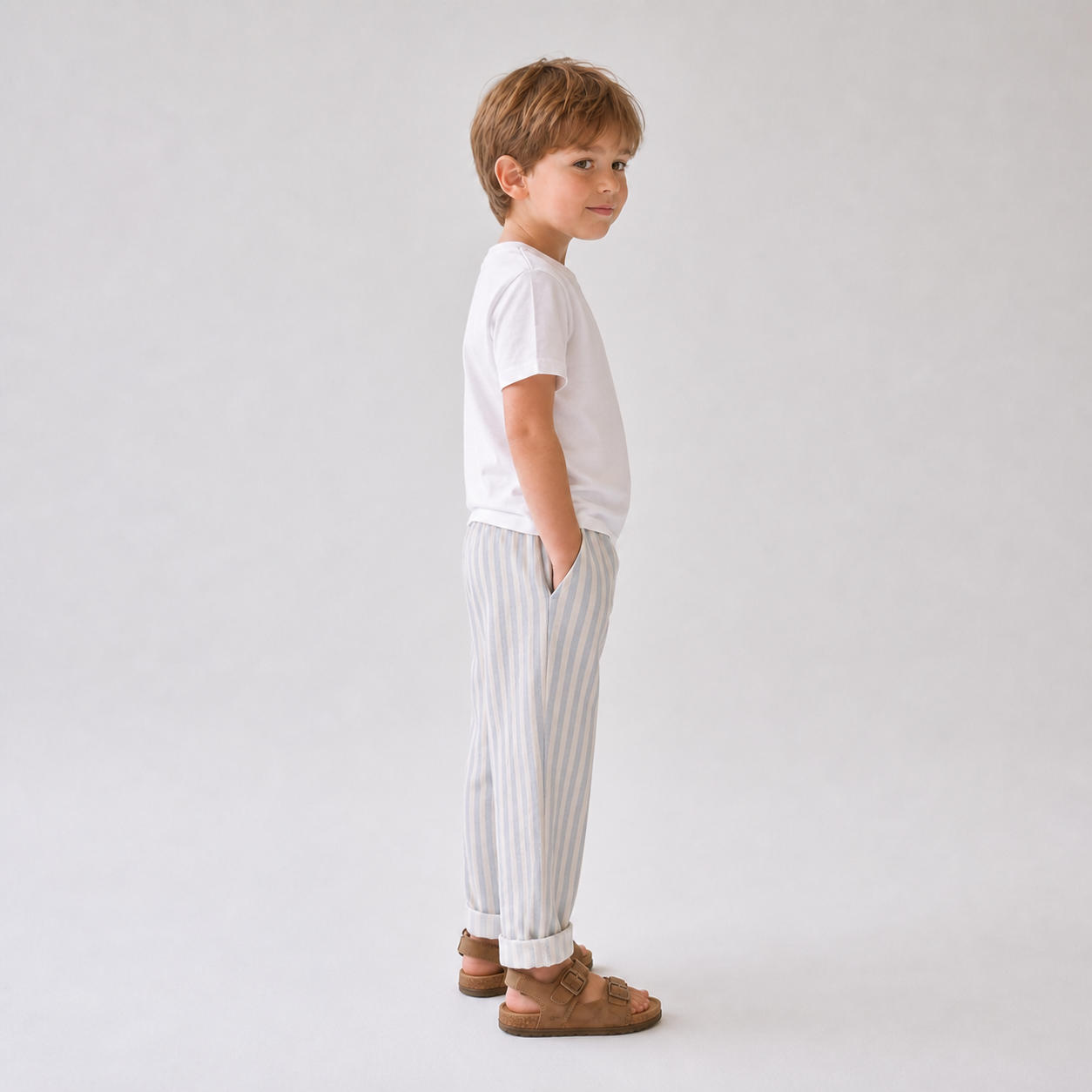 Boys Linen Stripe Pants with Elastic Waist – view 3