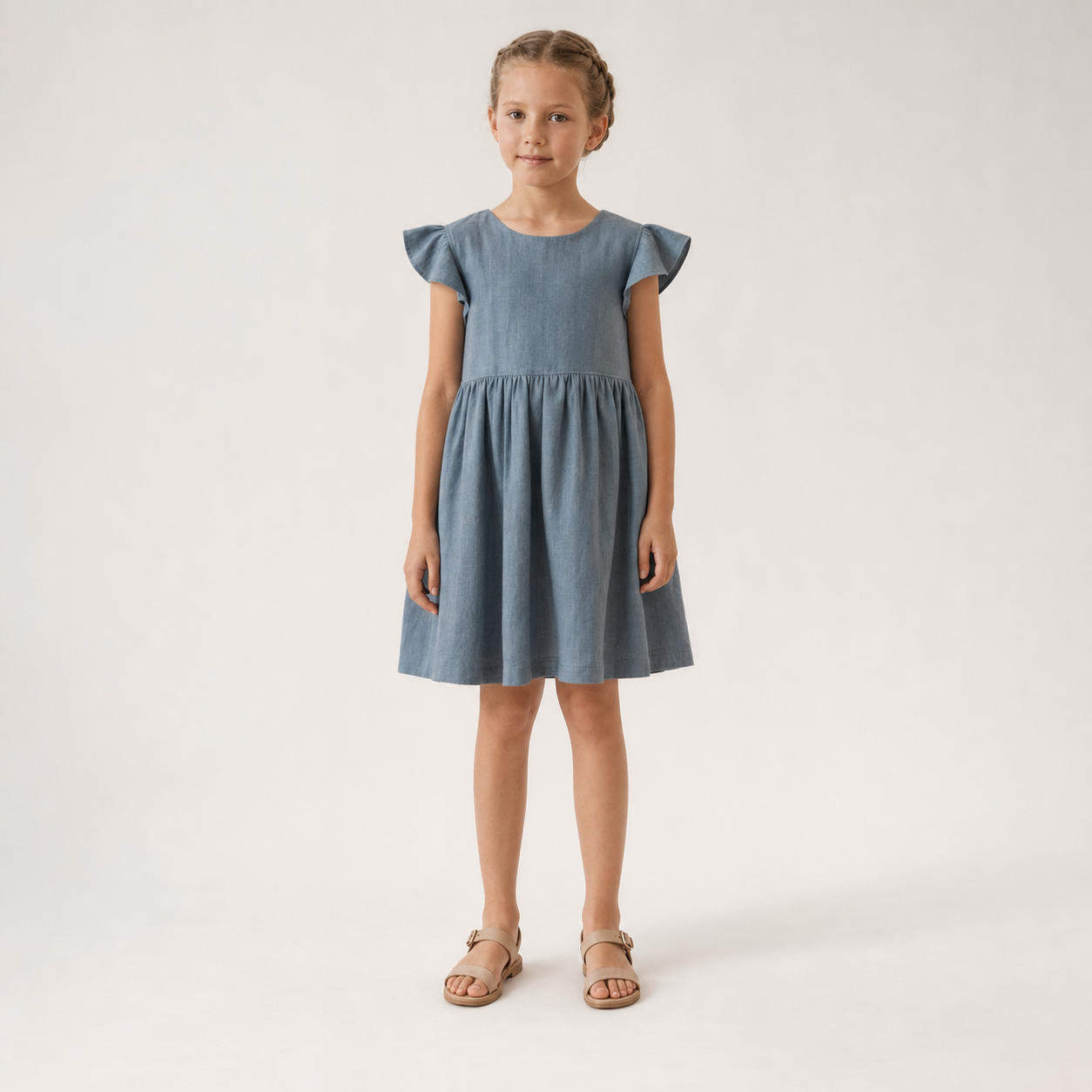 Girls Linen Flutter Sleeve Summer Dress