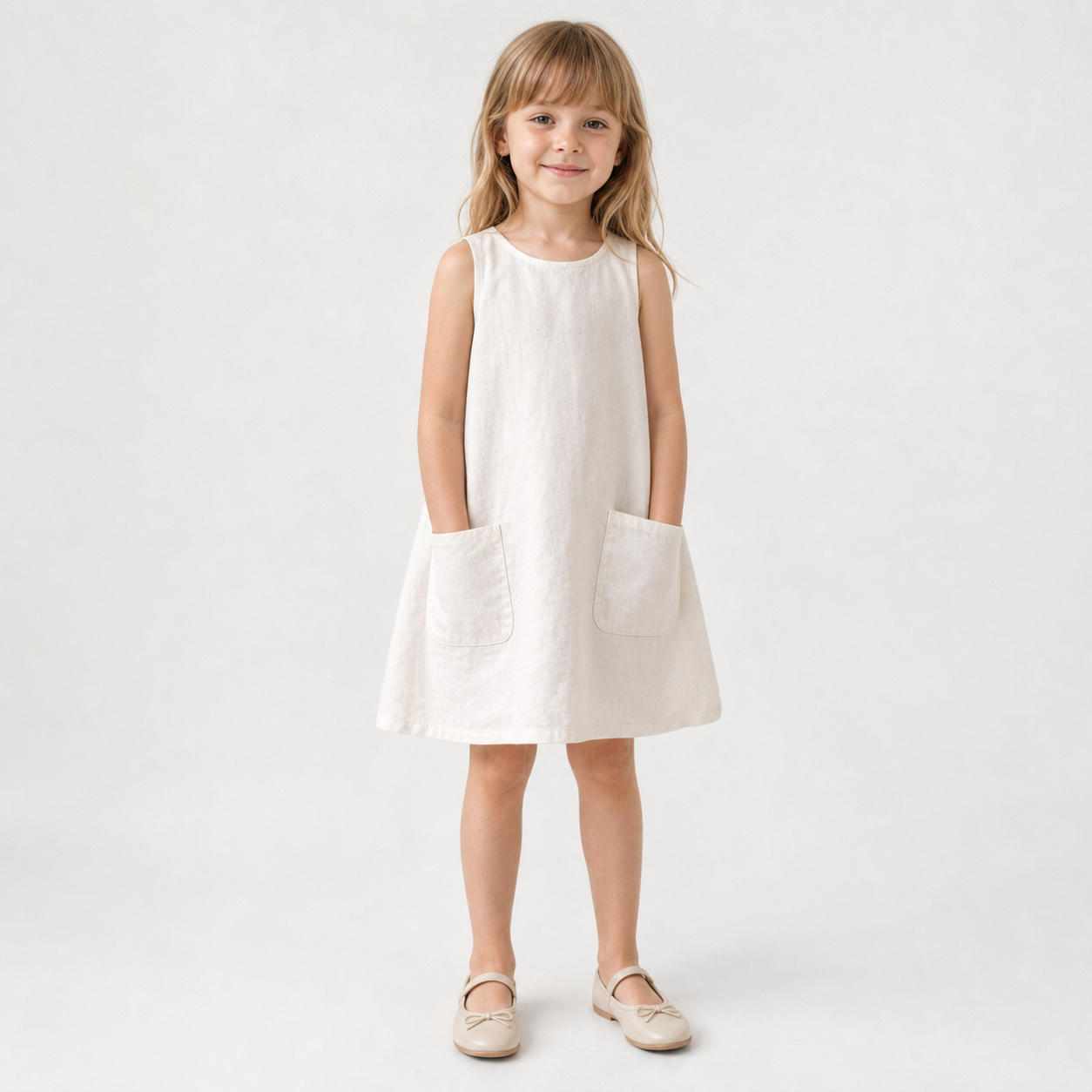 Girls Linen Trapeze Dress with Pockets and Back Buttons