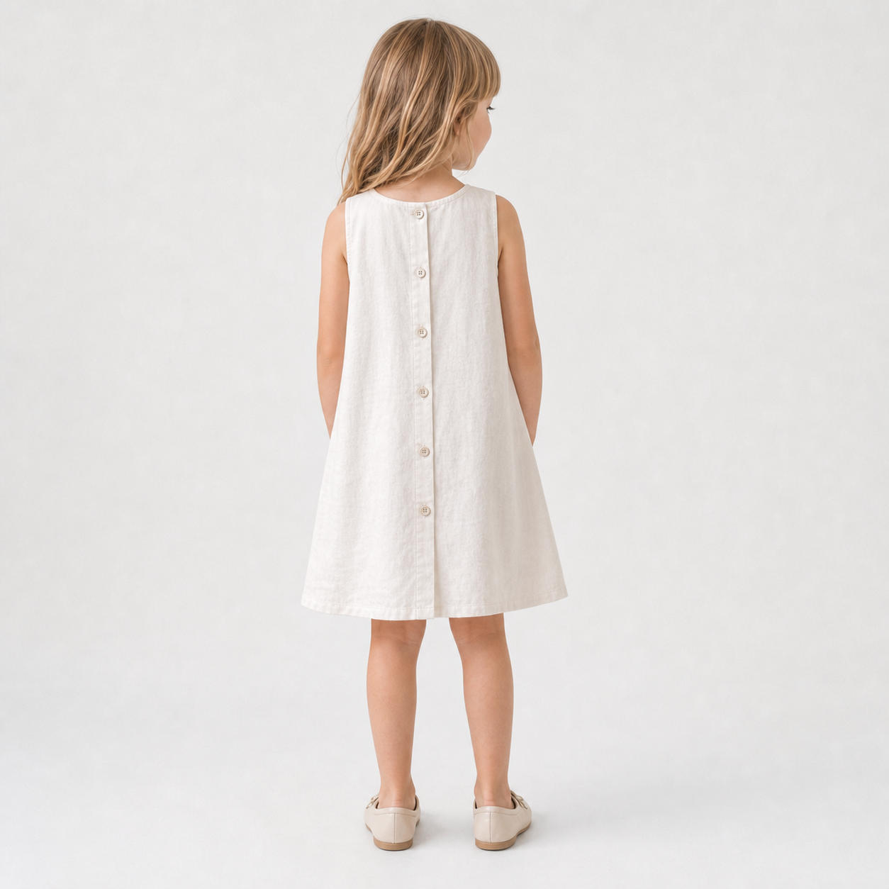 Girls Linen Trapeze Dress with Pockets and Back Buttons – view 2