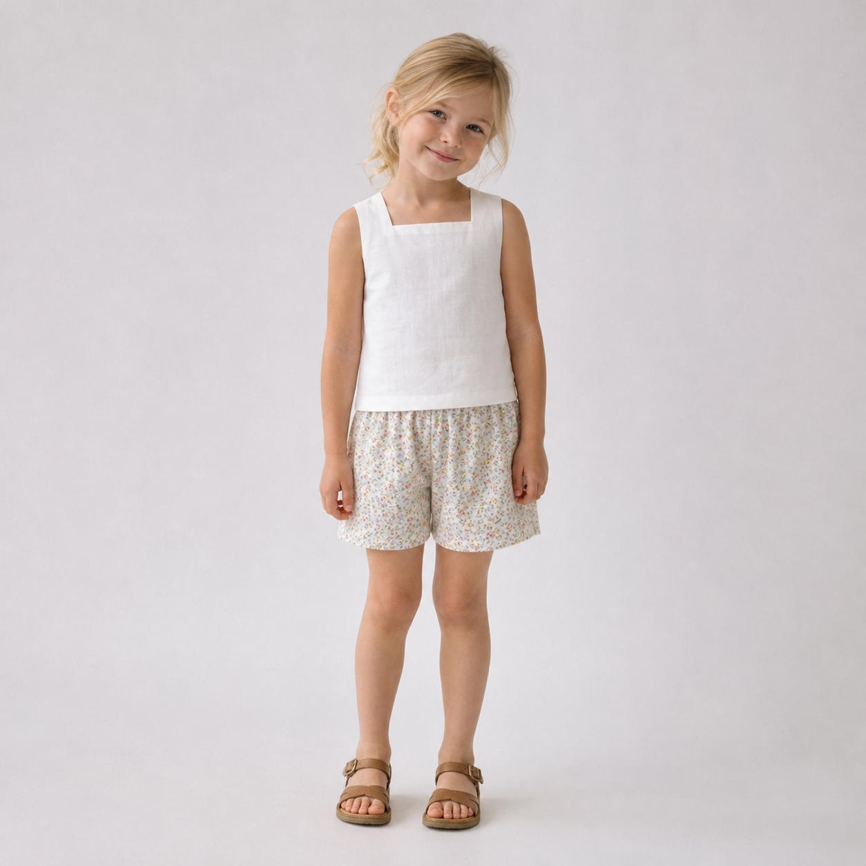 Girls Square Neck Linen Top and Shorts Summer Set