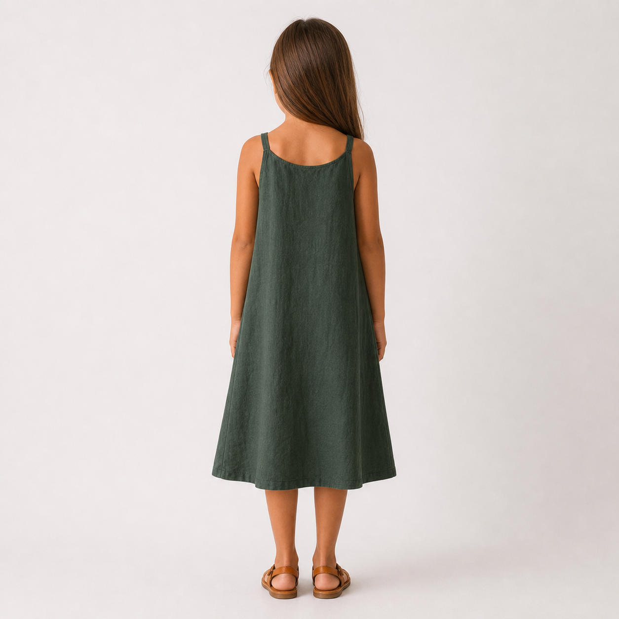 Girls Green Linen Trapeze Pinafore Dress – view 2