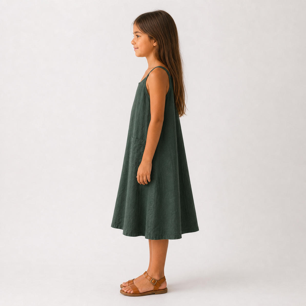 Girls Green Linen Trapeze Pinafore Dress – view 3