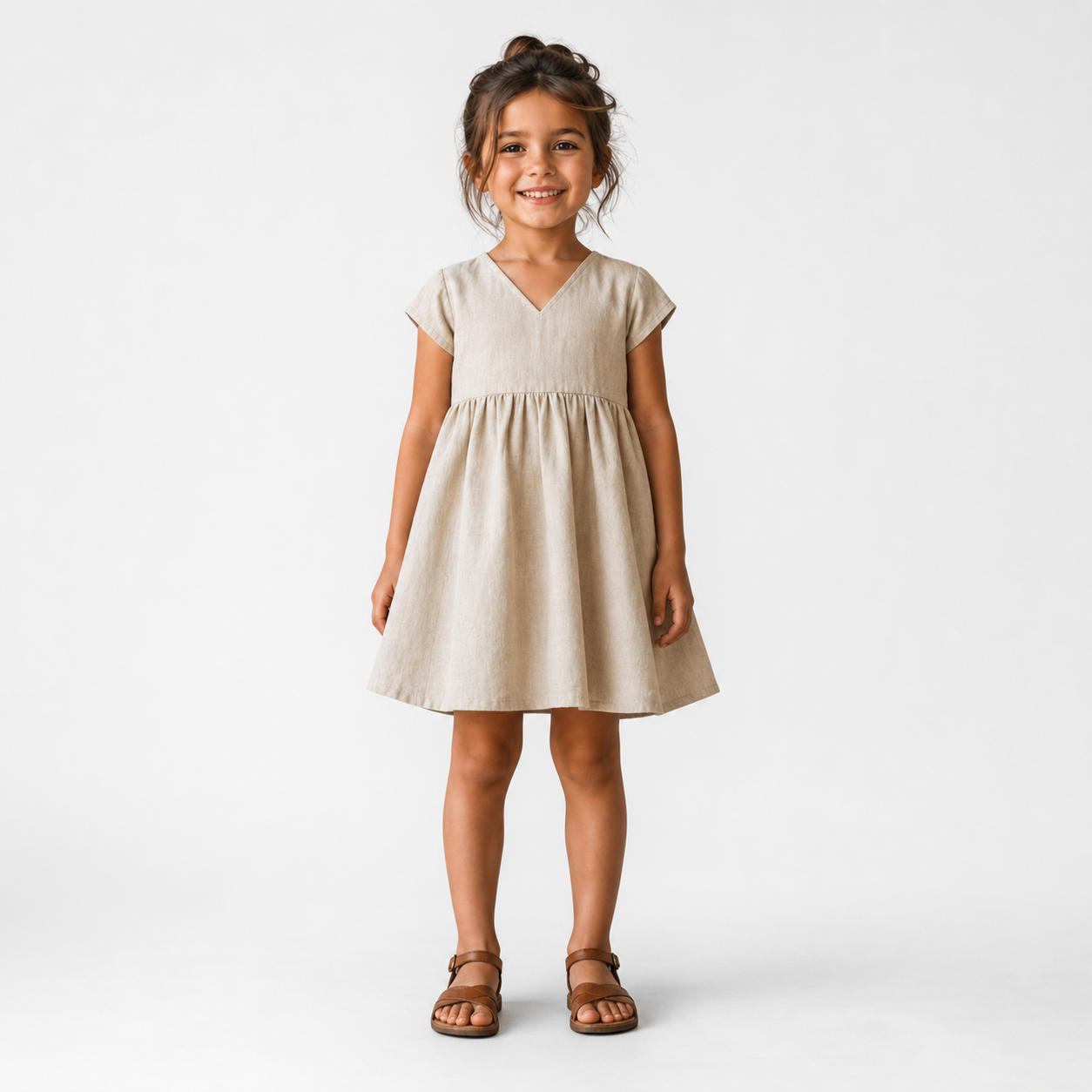 Girls V-Neck Linen Dress with Empire Waist