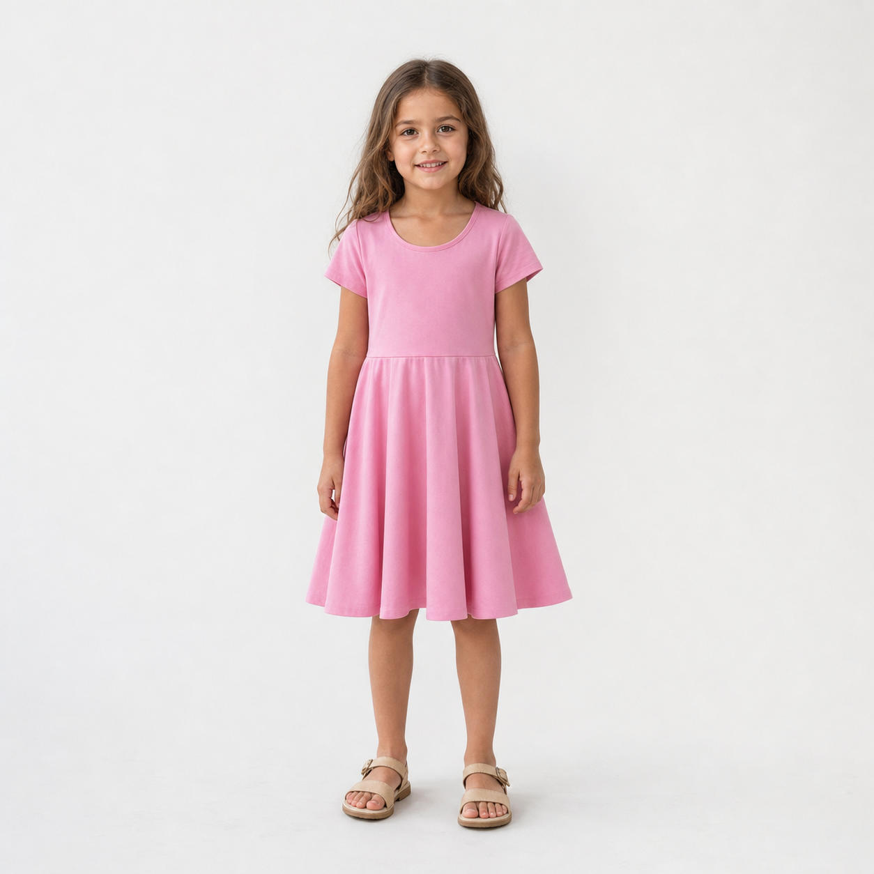 Girls Pink Skater Dress with Short Sleeves and Back Zipper