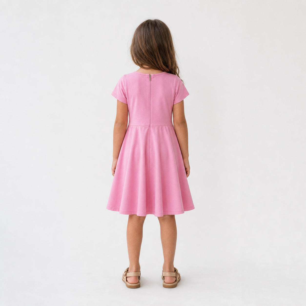Girls Pink Skater Dress with Short Sleeves and Back Zipper – view 2