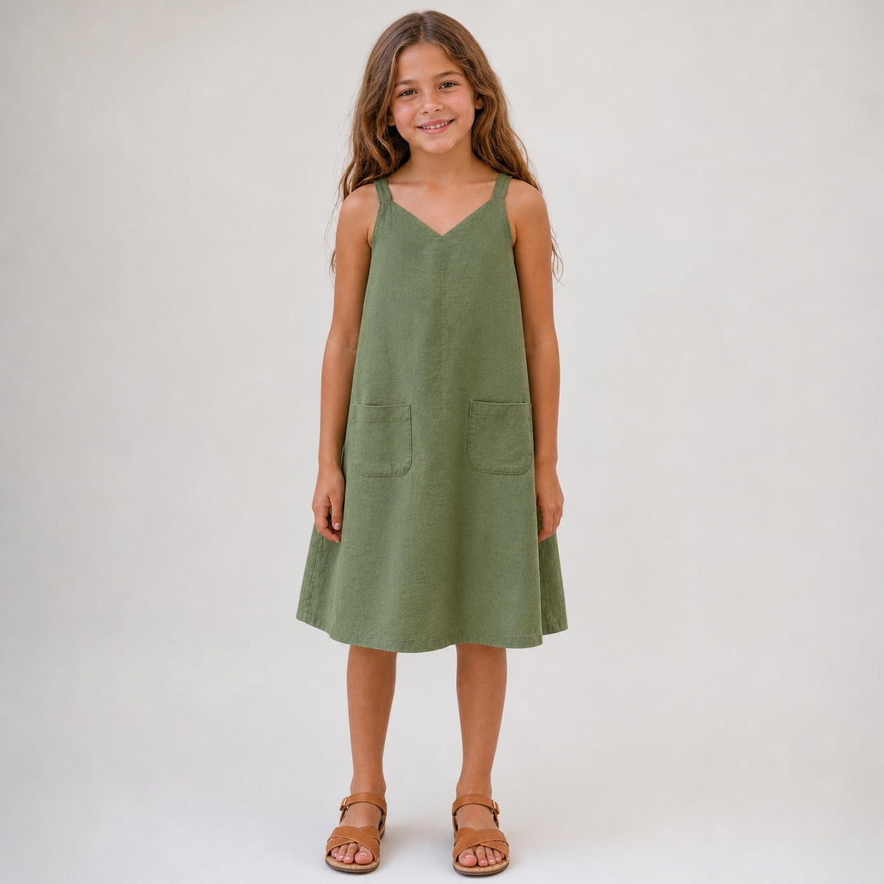 Girls Linen V-Neck Strap Dress with Patch Pockets