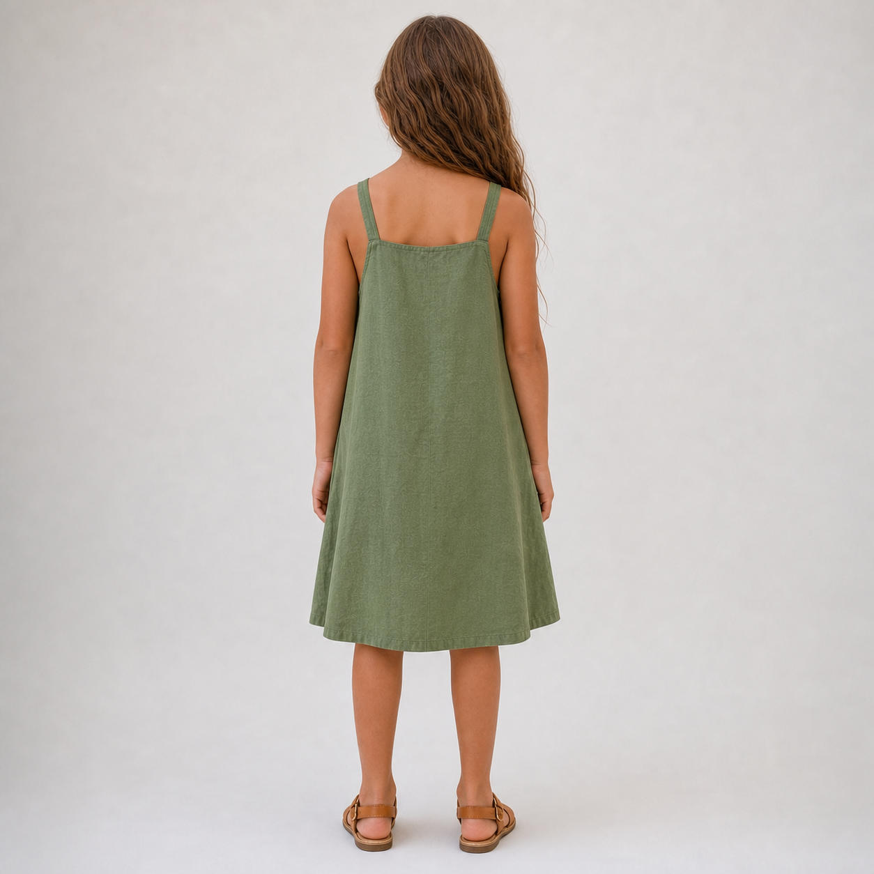 Girls Linen V-Neck Strap Dress with Patch Pockets – view 2
