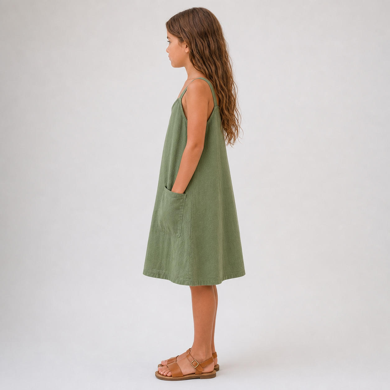 Girls Linen V-Neck Strap Dress with Patch Pockets – view 3