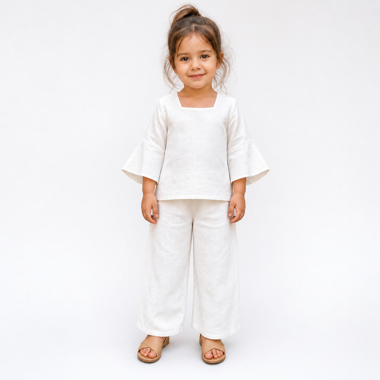 Girls Square Neck Linen Top and Wide Leg Flared Pants Set