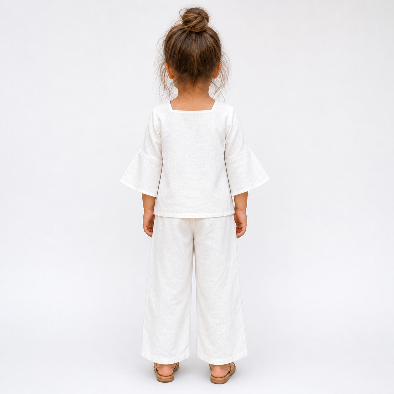 Girls Square Neck Linen Top and Wide Leg Flared Pants Set – view 2