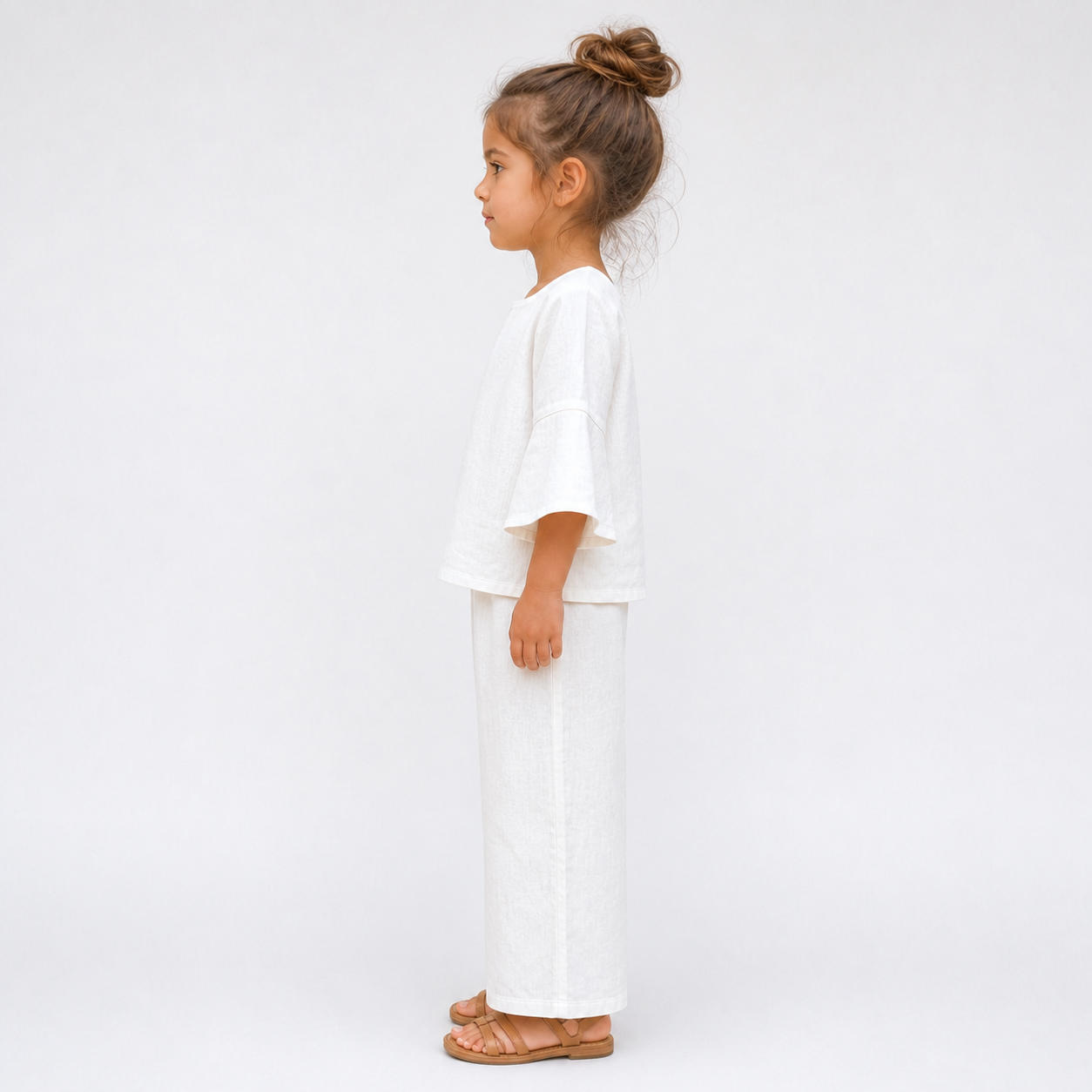 Girls Square Neck Linen Top and Wide Leg Flared Pants Set – view 3