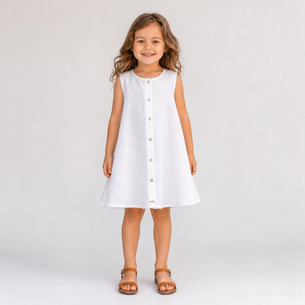 Girls Sleeveless Linen A-Line Button-Front Dress