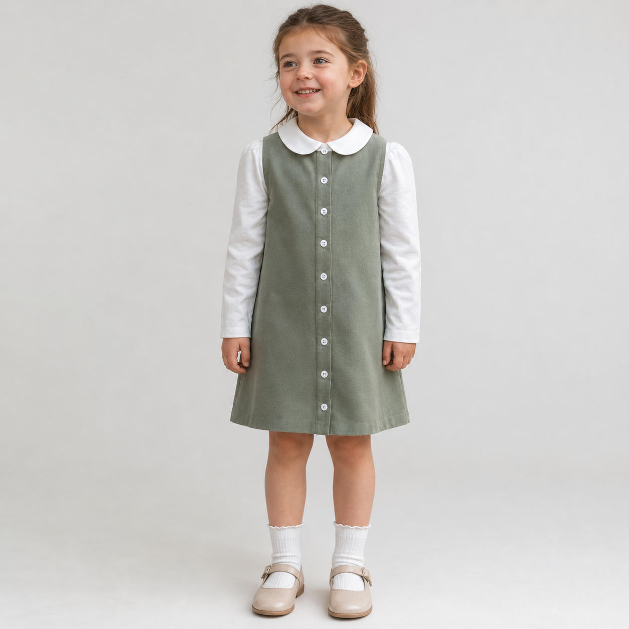 Girls Pinafore Trapeze Dress and Puff Sleeve Blouse Set