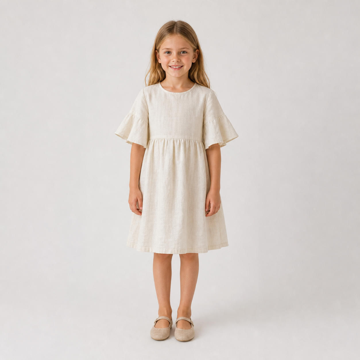 Girls Linen Flared Bell Sleeve Dress with Empire Waist