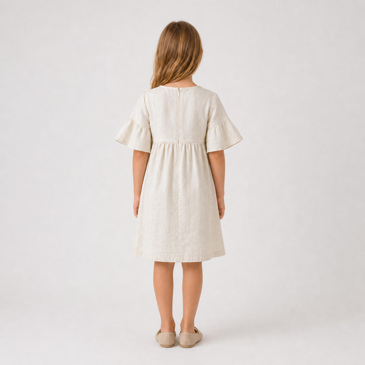 Girls Linen Flared Bell Sleeve Dress with Empire Waist – view 2