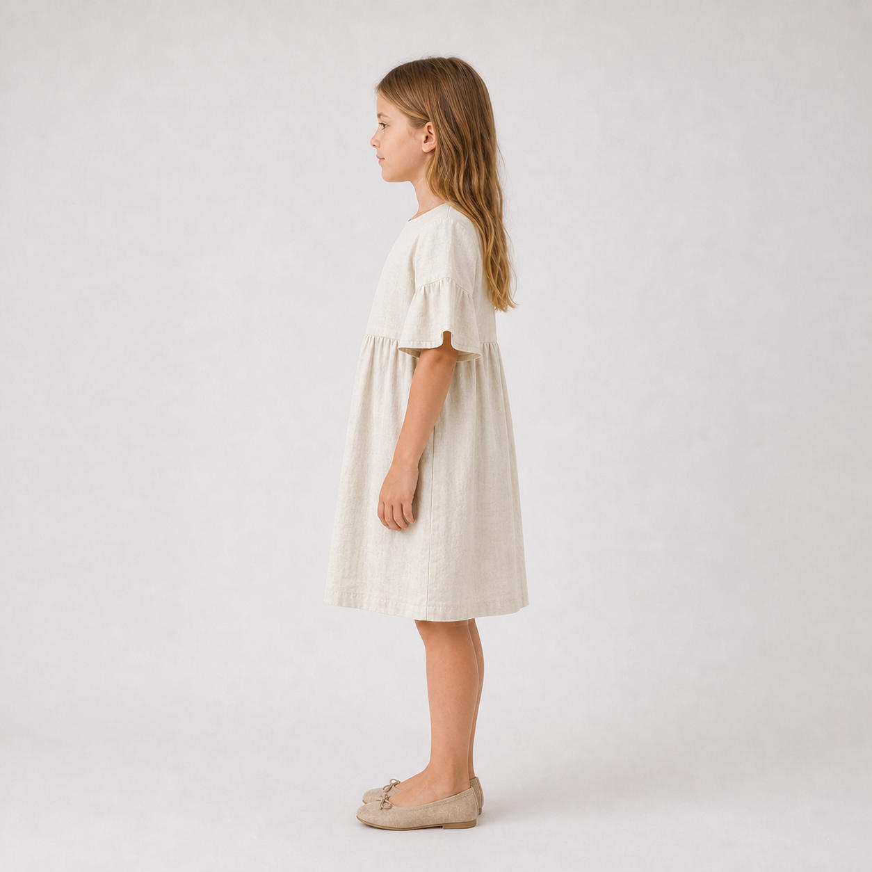 Girls Linen Flared Bell Sleeve Dress with Empire Waist – view 3