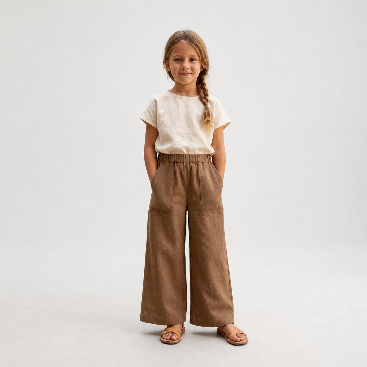 Girls Wide Leg Linen Trousers with Patch Pockets