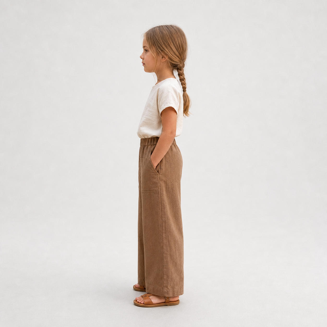 Girls Wide Leg Linen Trousers with Patch Pockets – view 3