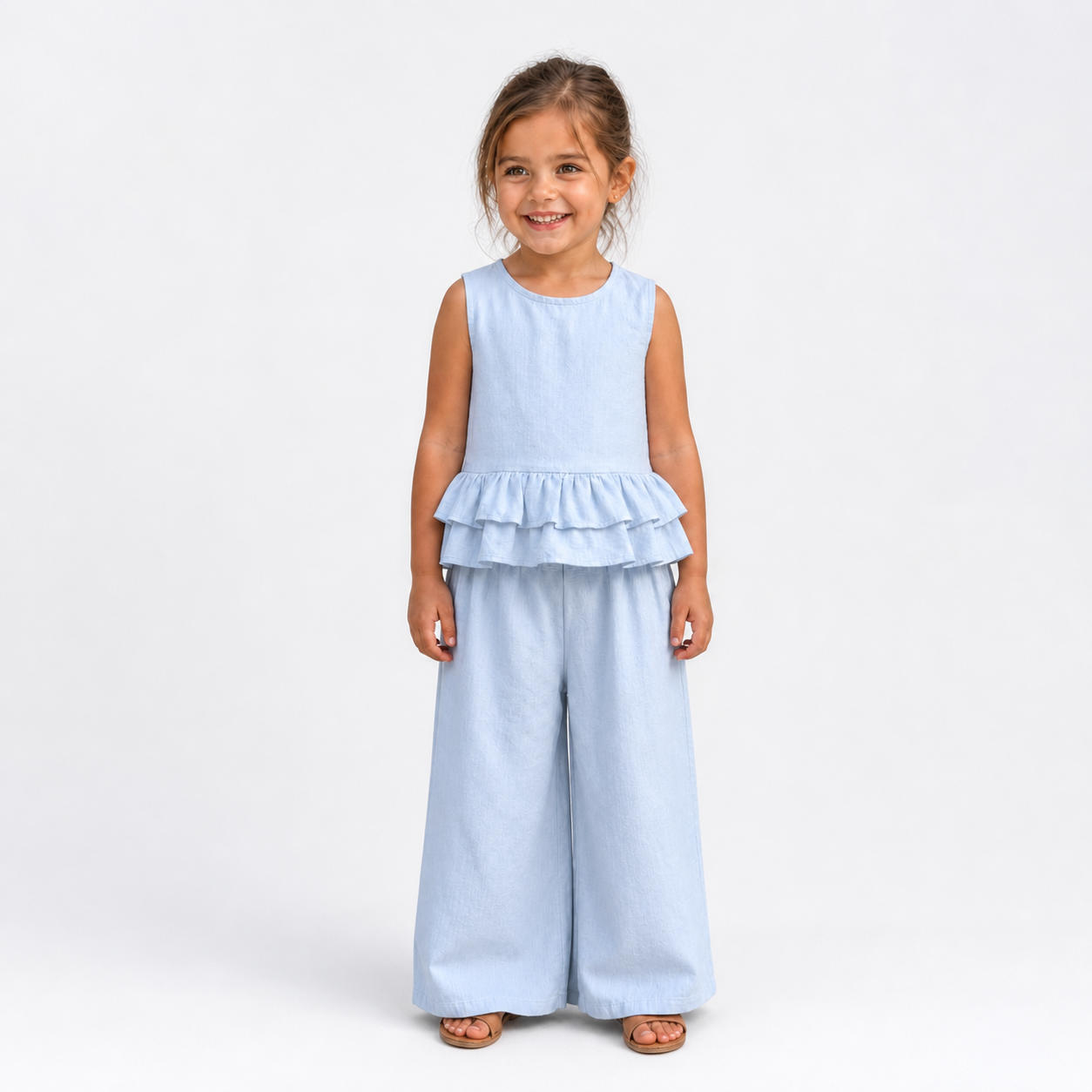 Girls Ruffle Peplum Linen Top and Wide Leg Pants Set