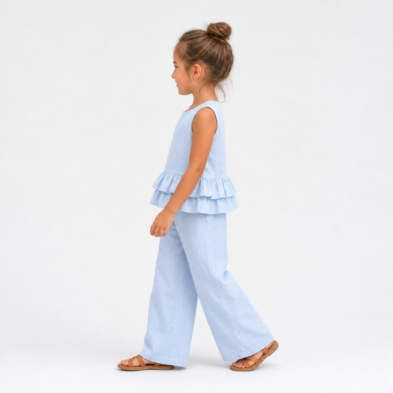 Girls Ruffle Peplum Linen Top and Wide Leg Pants Set – view 3