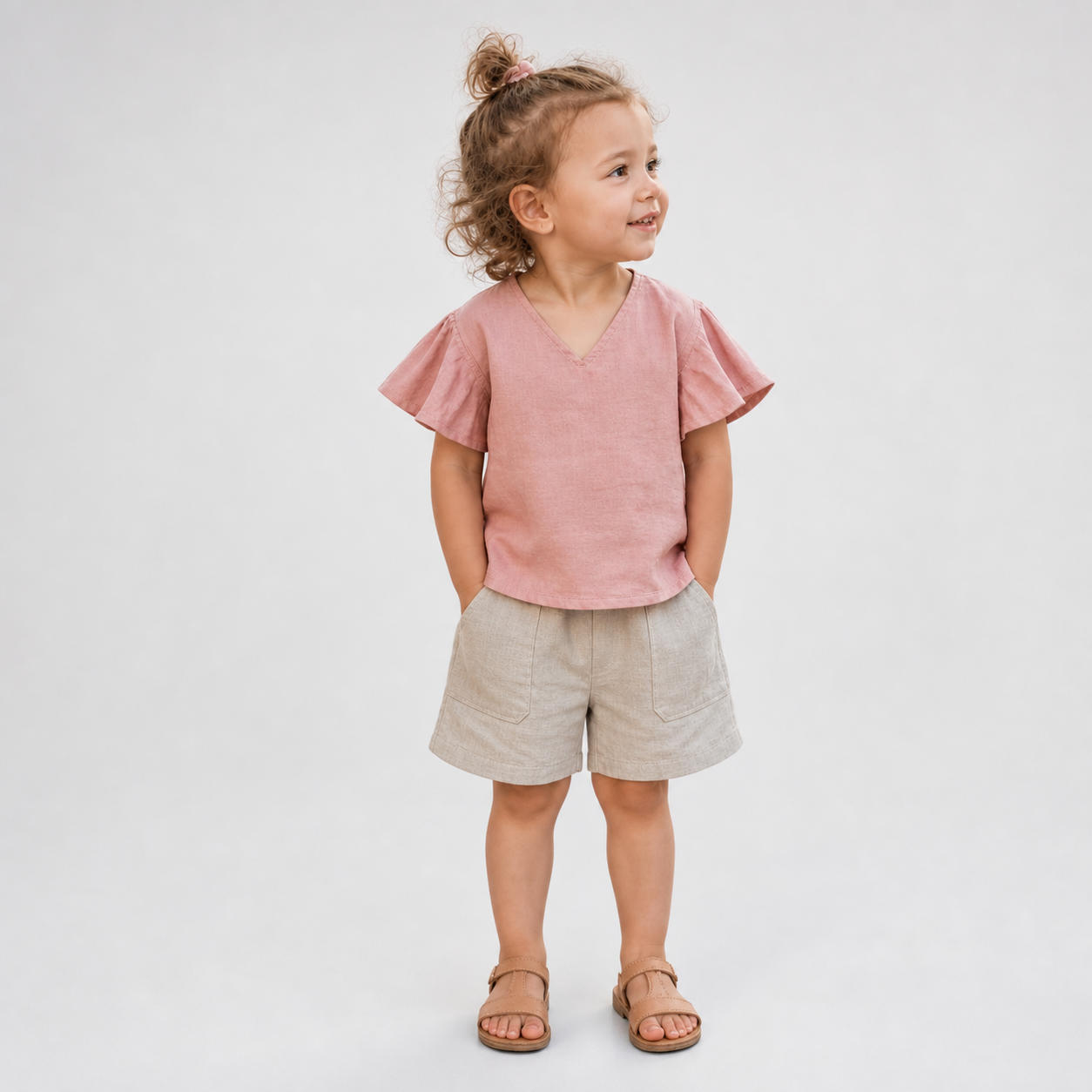 Girls Flutter Sleeve V-Neck Top and Shorts Set