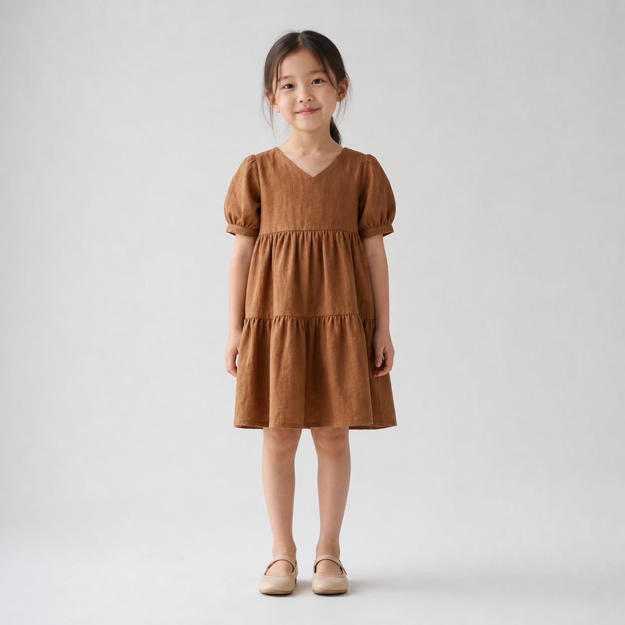 Girls V-Neck Tiered Dress with Bishop Sleeves