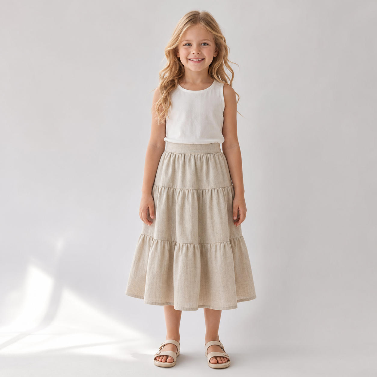 Girls Linen Tiered Midi Skirt
