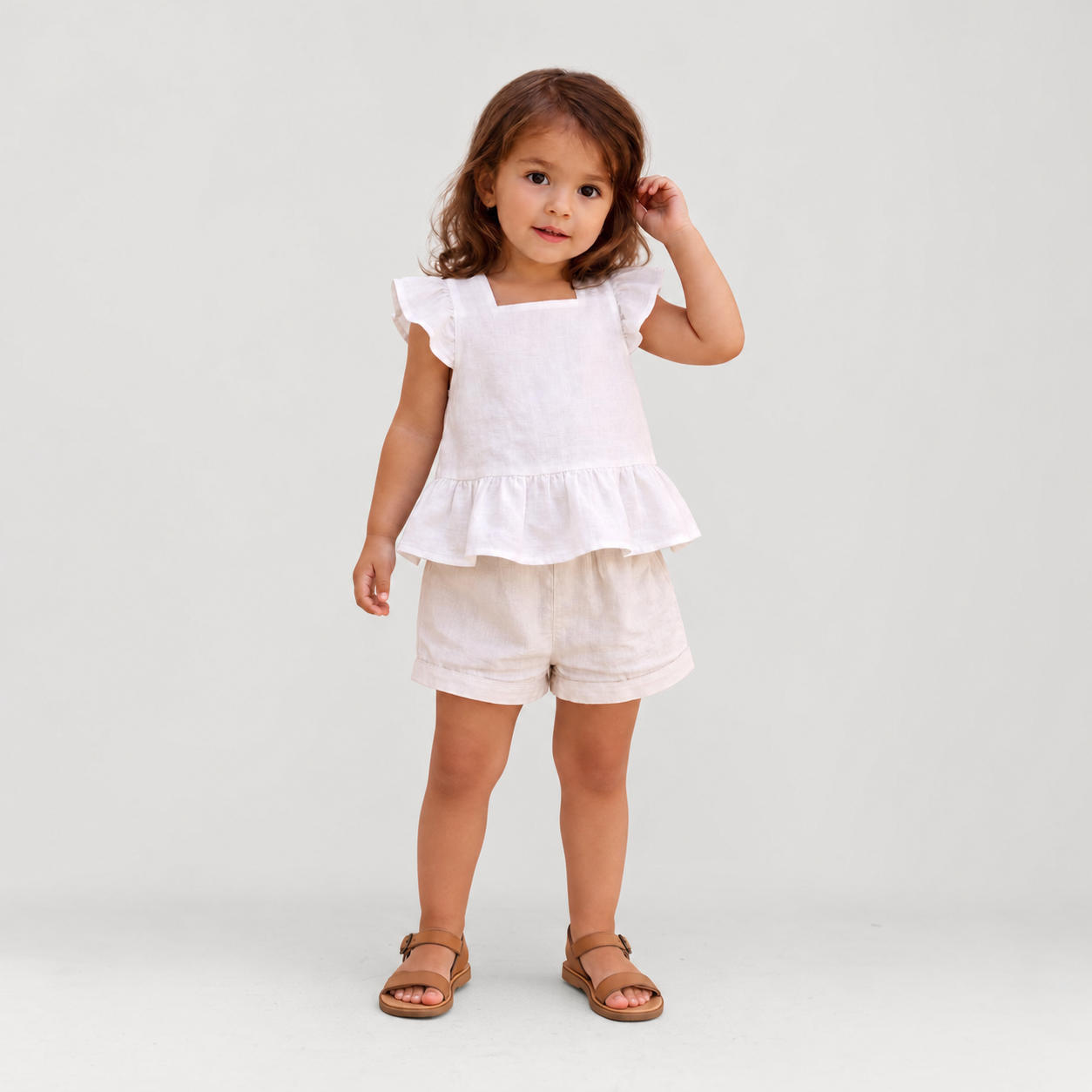 Girls Flutter Sleeve Peplum Top and Shorts Linen Set