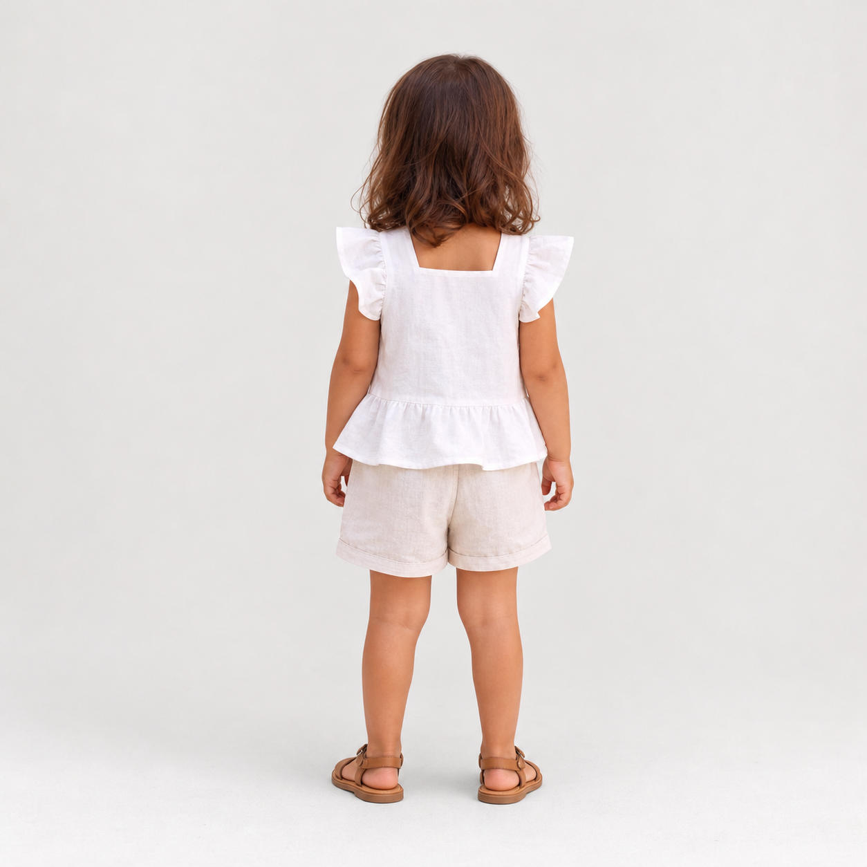 Girls Flutter Sleeve Peplum Top and Shorts Linen Set – view 2