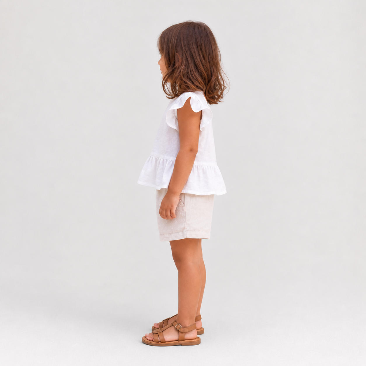 Girls Flutter Sleeve Peplum Top and Shorts Linen Set – view 3