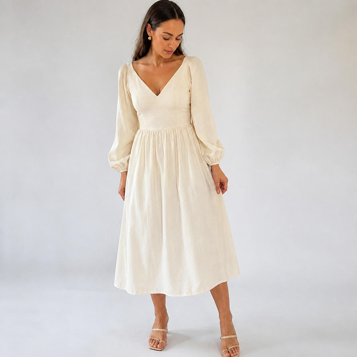 Linen V-Neck Midi Dress with Puff Sleeves