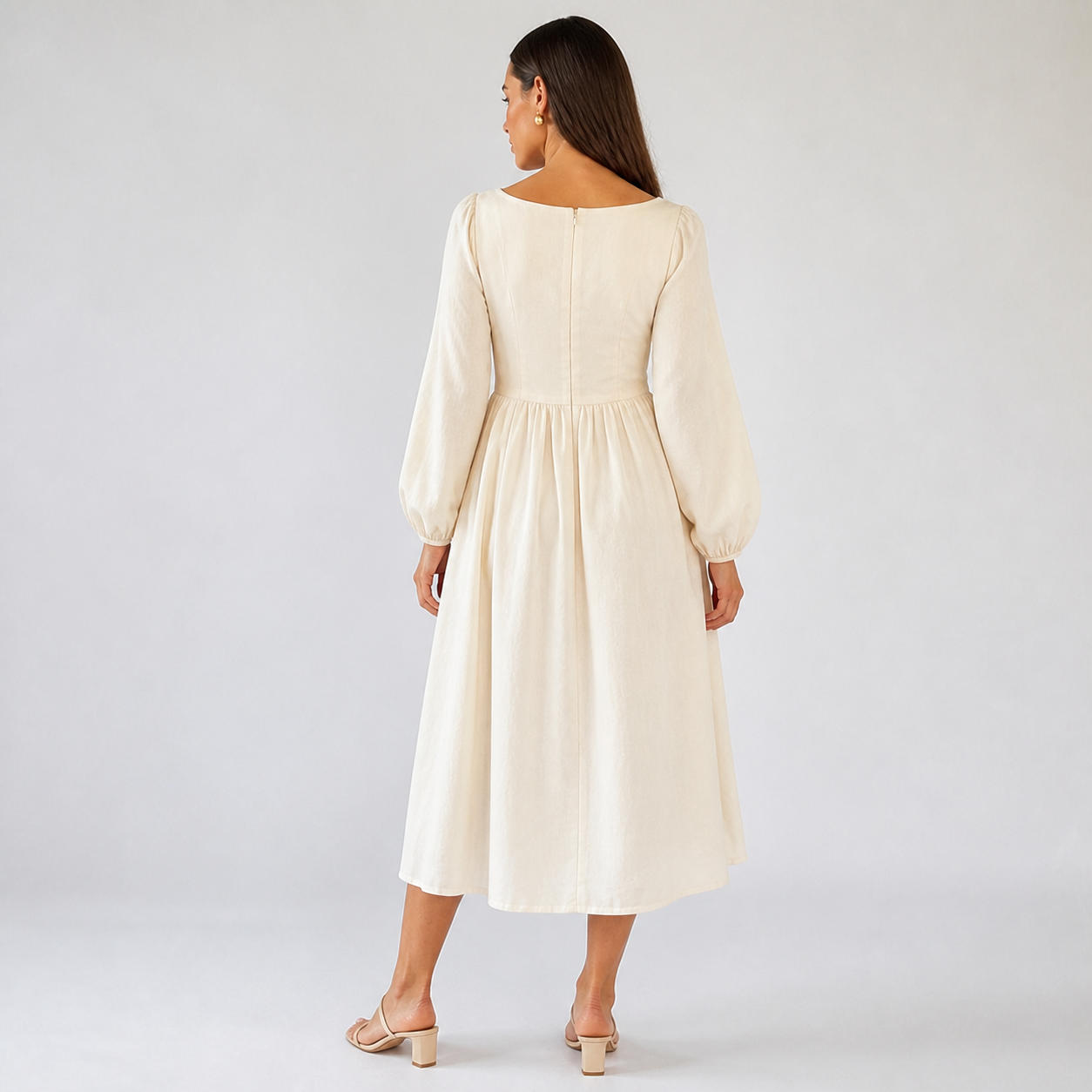 Linen V-Neck Midi Dress with Puff Sleeves – view 2