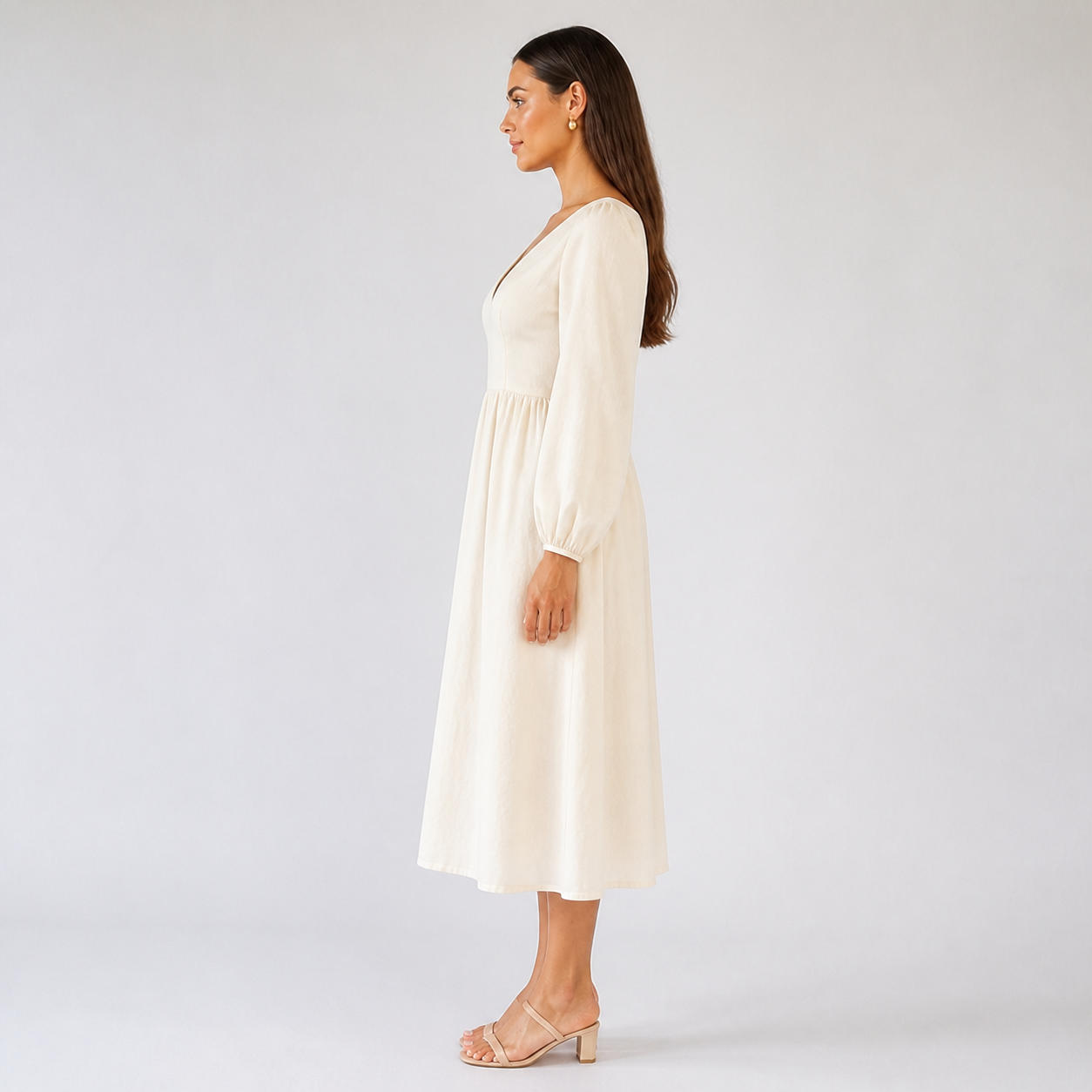 Linen V-Neck Midi Dress with Puff Sleeves – view 3