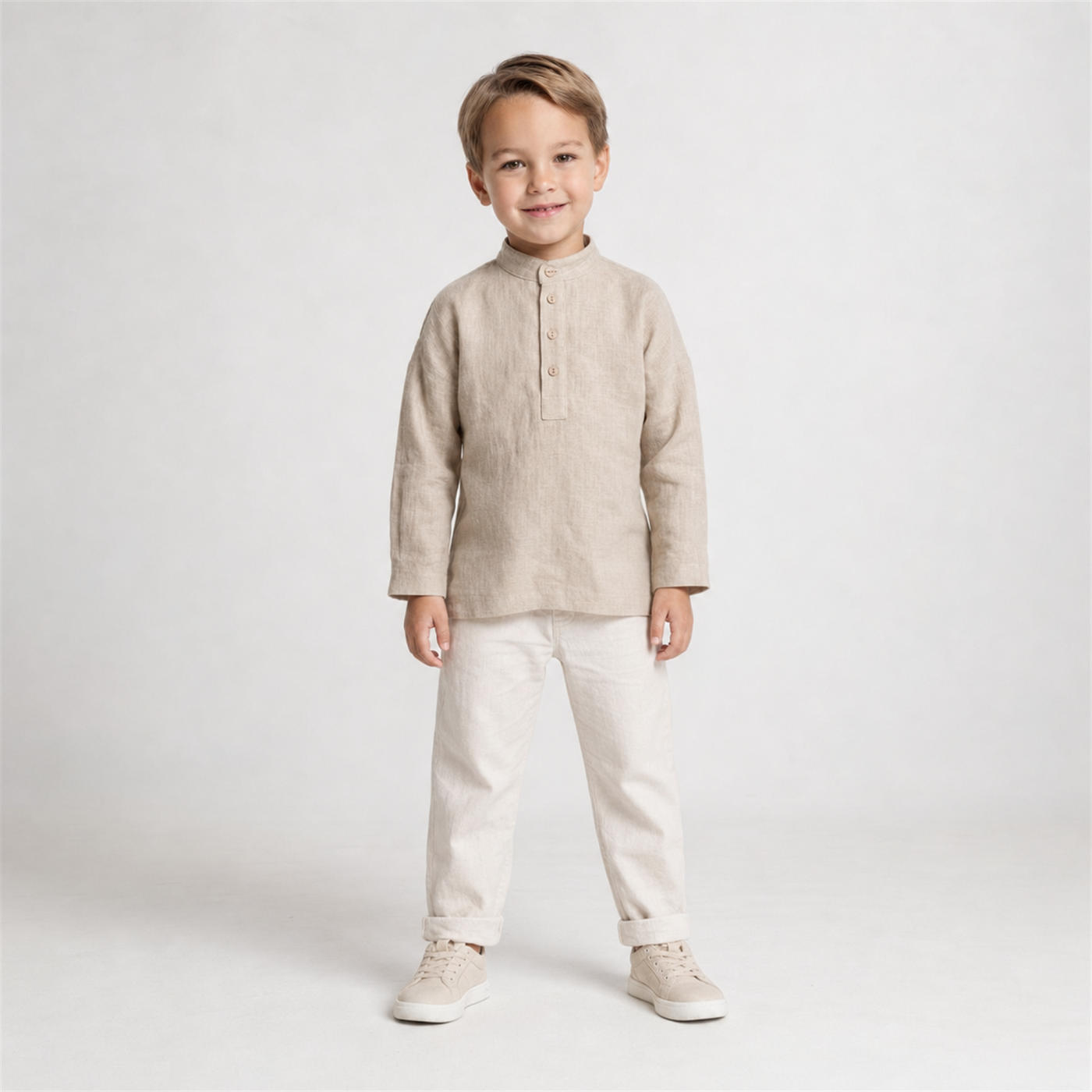 Boy's Linen Tunic Shirt with Mandarin Collar