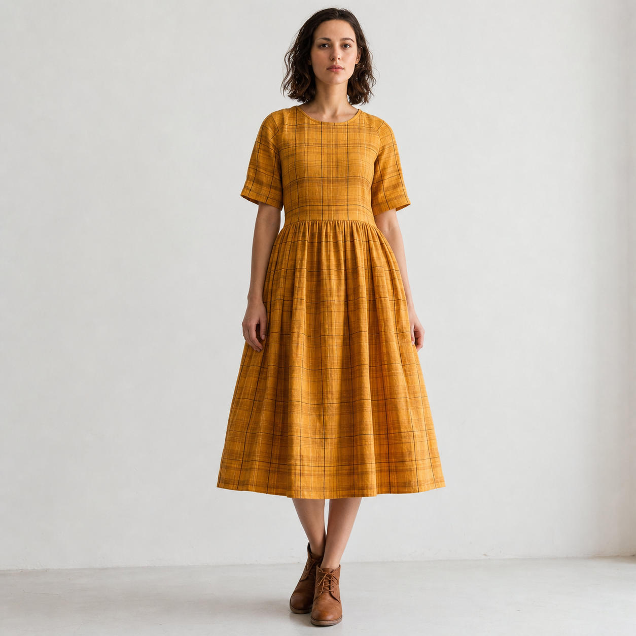 Gathered Waist A-Line Linen Dress