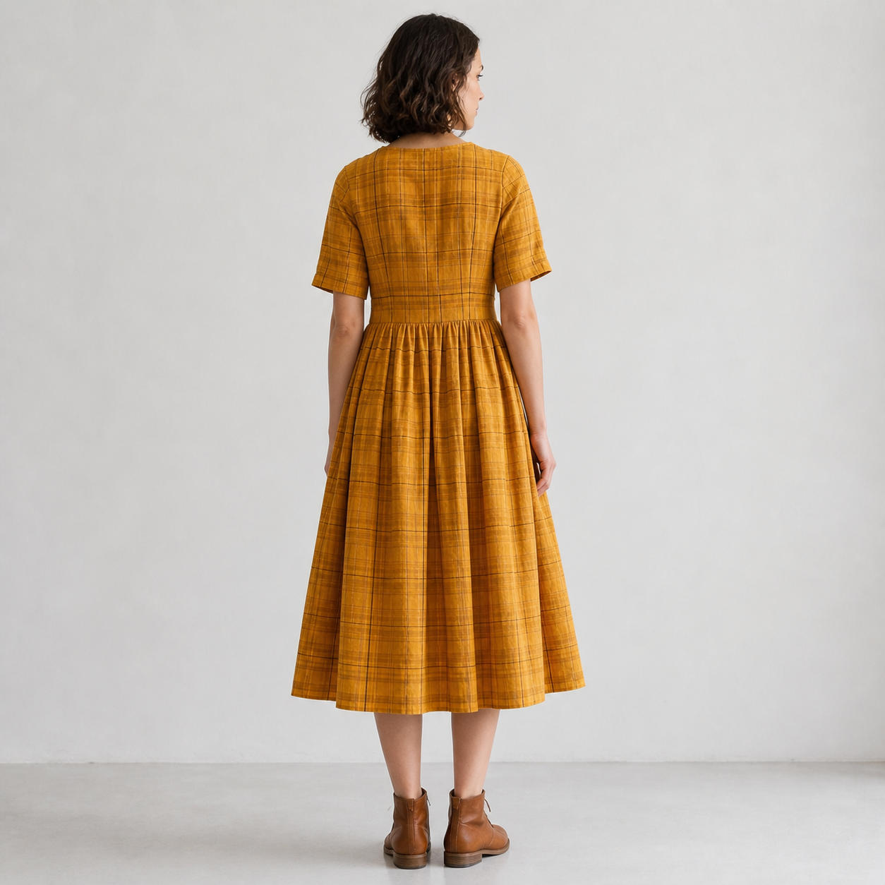 Gathered Waist A-Line Linen Dress – view 2