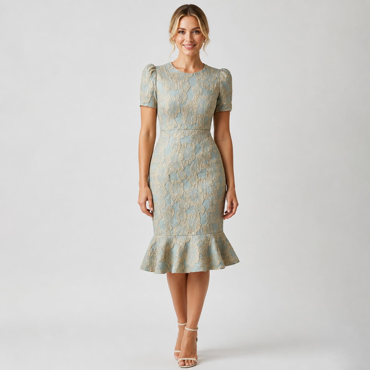 Abendkleid mit Puffärmeln und Schößchen an der Taille
