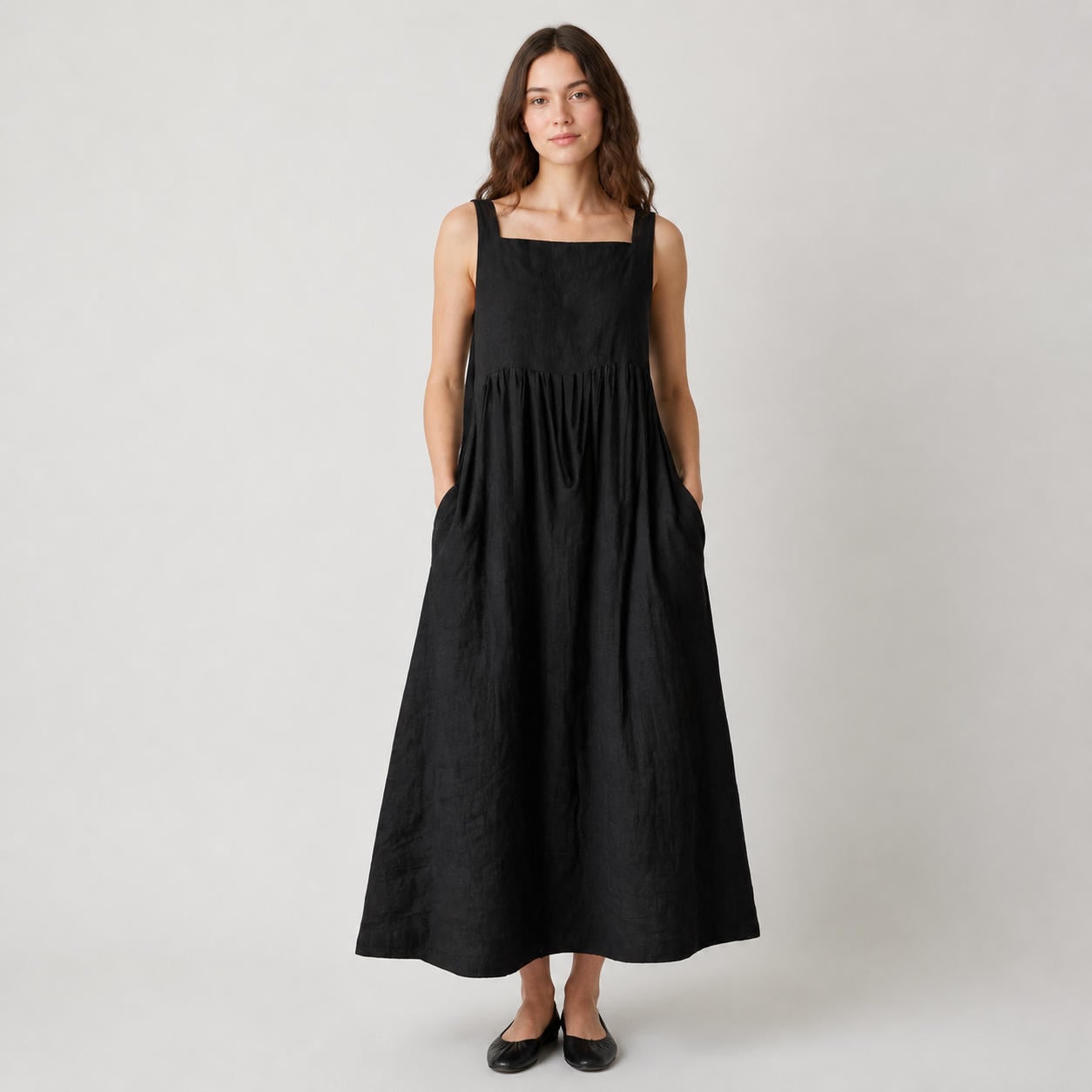Locker sitzendes Leinenkleid mit Seitentaschen