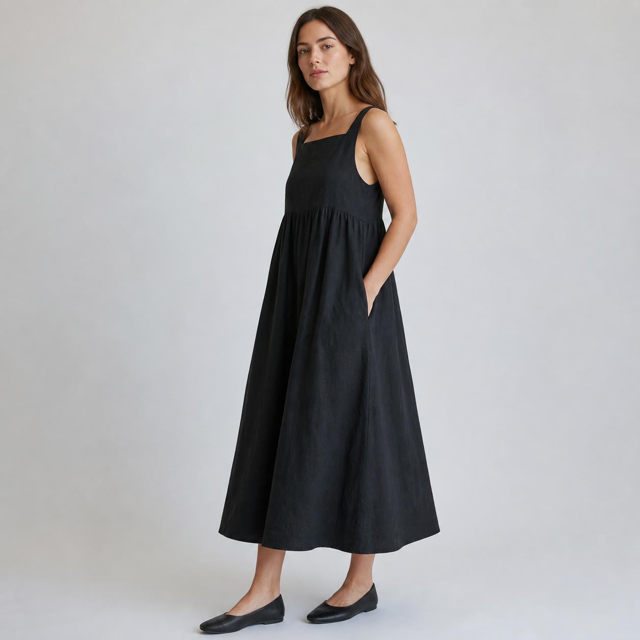 Locker sitzendes Leinenkleid mit Seitentaschen – Ansicht 3