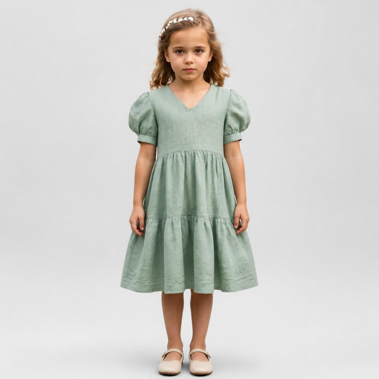 Rustikales Leinen-Stufenkleid mit Bischofsärmeln