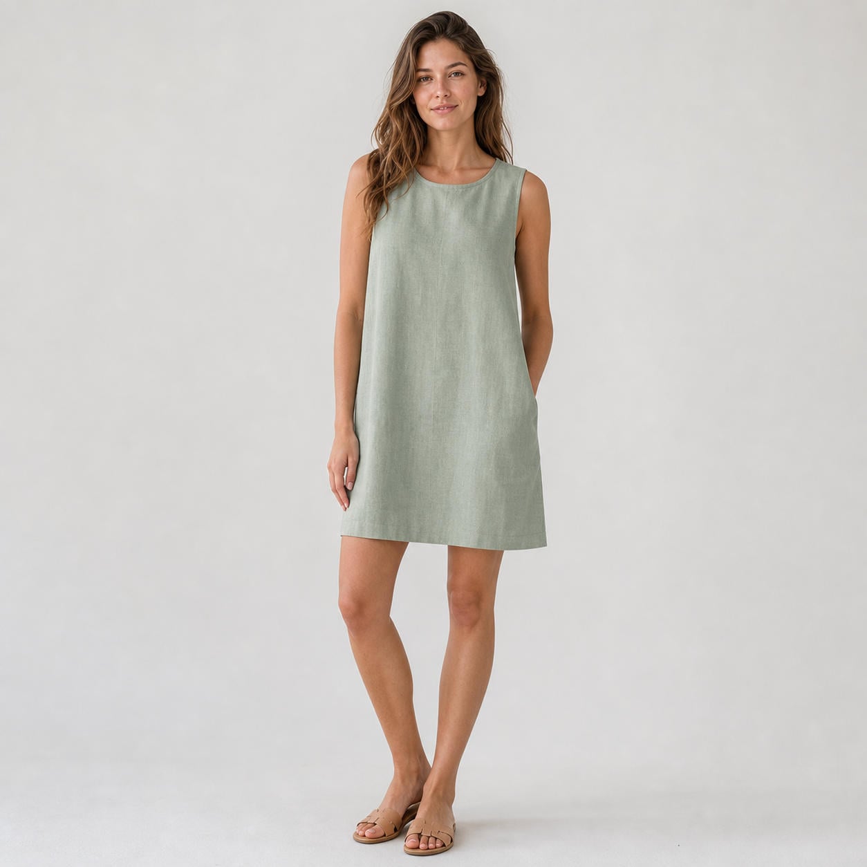 Schlichtes ärmelloses Leinen-Sommerkleid in gerader Form